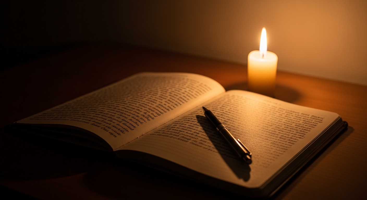 Open dream journal by candlelight, pen resting on the page, pre-dawn darkness