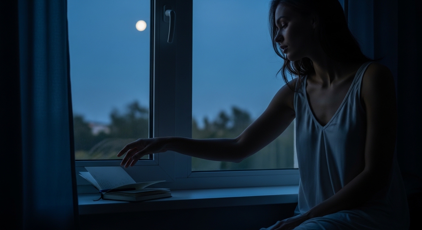 Person at a moonlit window, journal open, the moment of remembering
