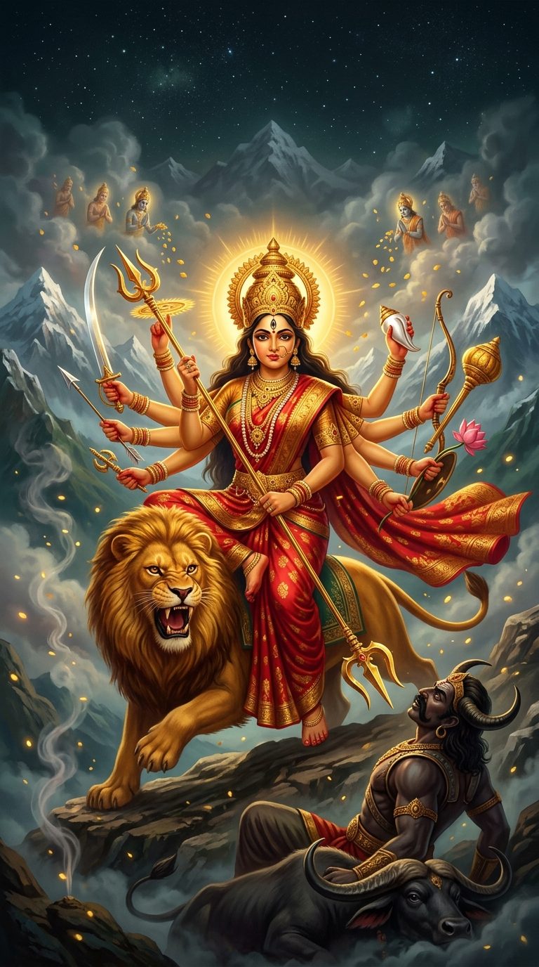 Goddess Durga with ten arms riding her lion among Himalayan peaks, her trident aimed at the buffalo demon Mahishasura