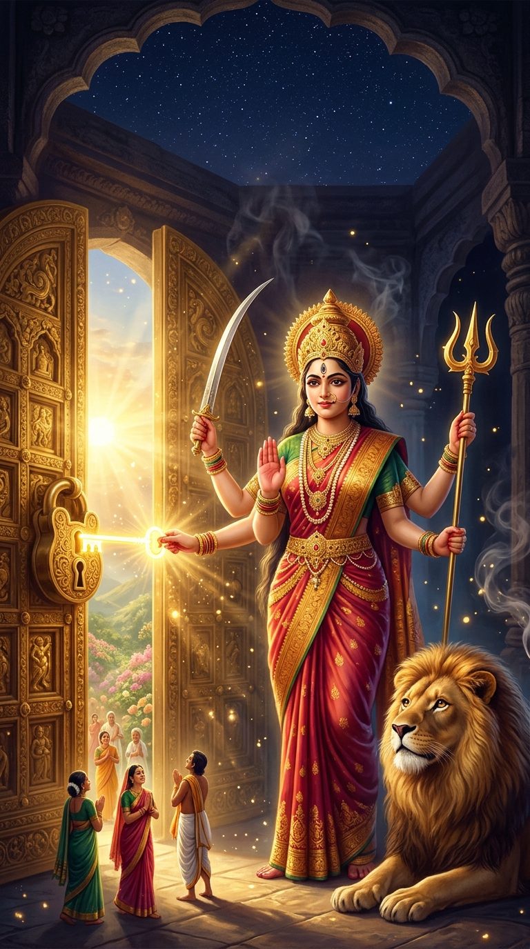 Goddess Chamunda-Durga unlocking great golden temple gates with a radiant key of light, the gates opening onto a sunlit world
