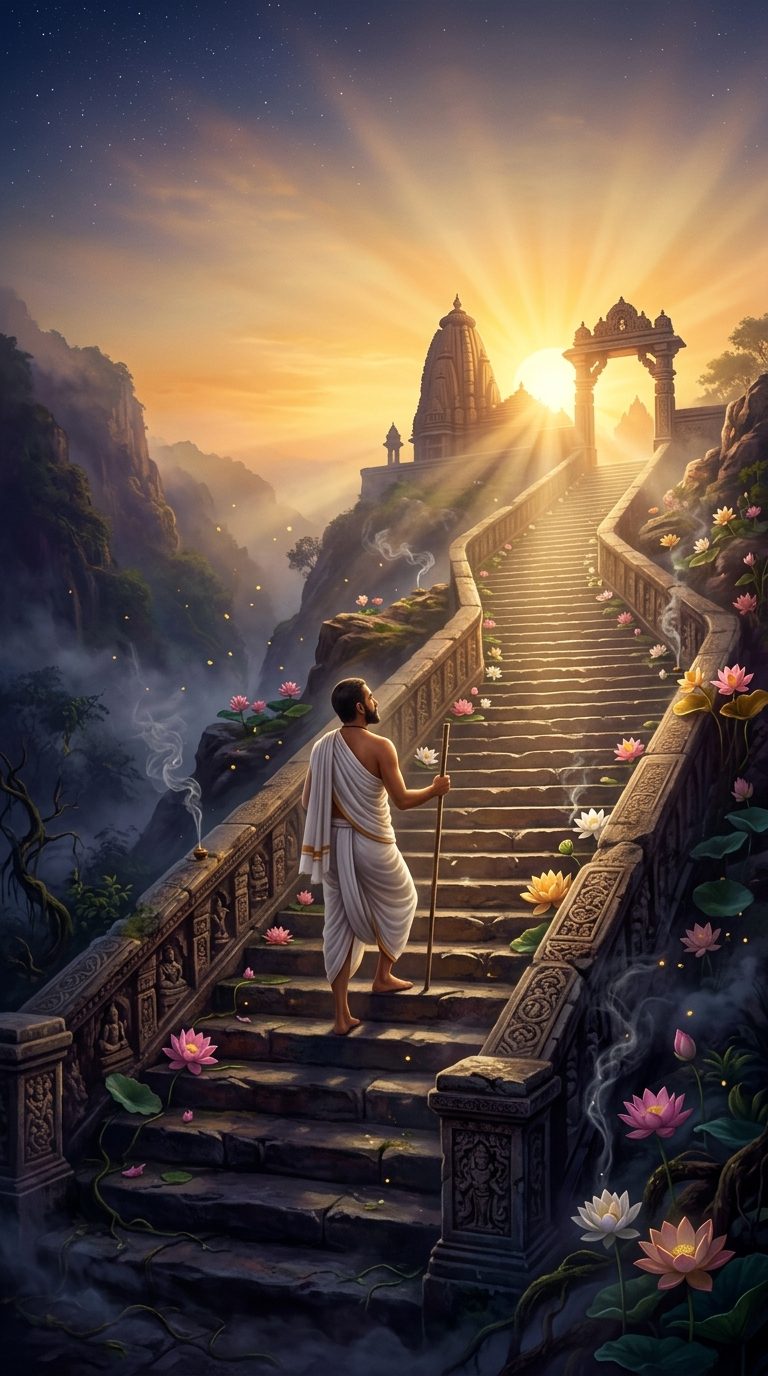 A seeker in white climbing an ancient stone stairway out of a misty dark valley towards a brilliant golden sunrise on a sacred mountain
