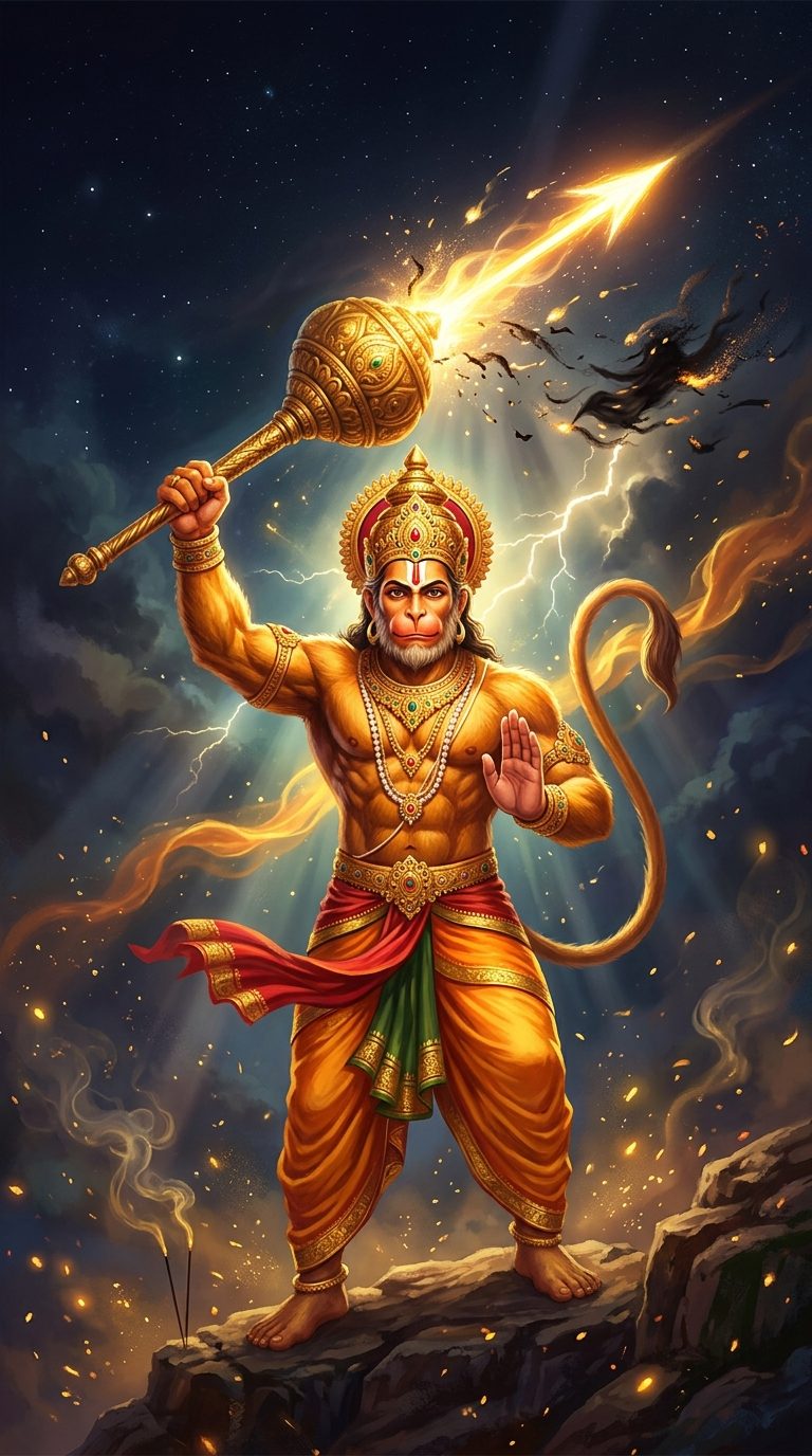 Hanuman as Bajrangbali raising his golden mace as a blazing arrow of light shoots from it, scattering dark shapes of fear across a stormy sky
