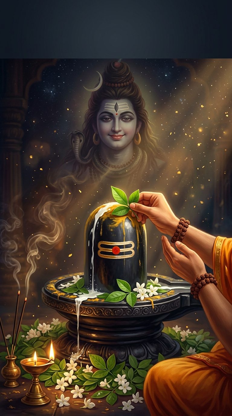 A devotee’s hands offering a single three-leafed bilva leaf onto a Shiva Linga bathed in milk, with Shiva’s face glowing above in the temple darkness