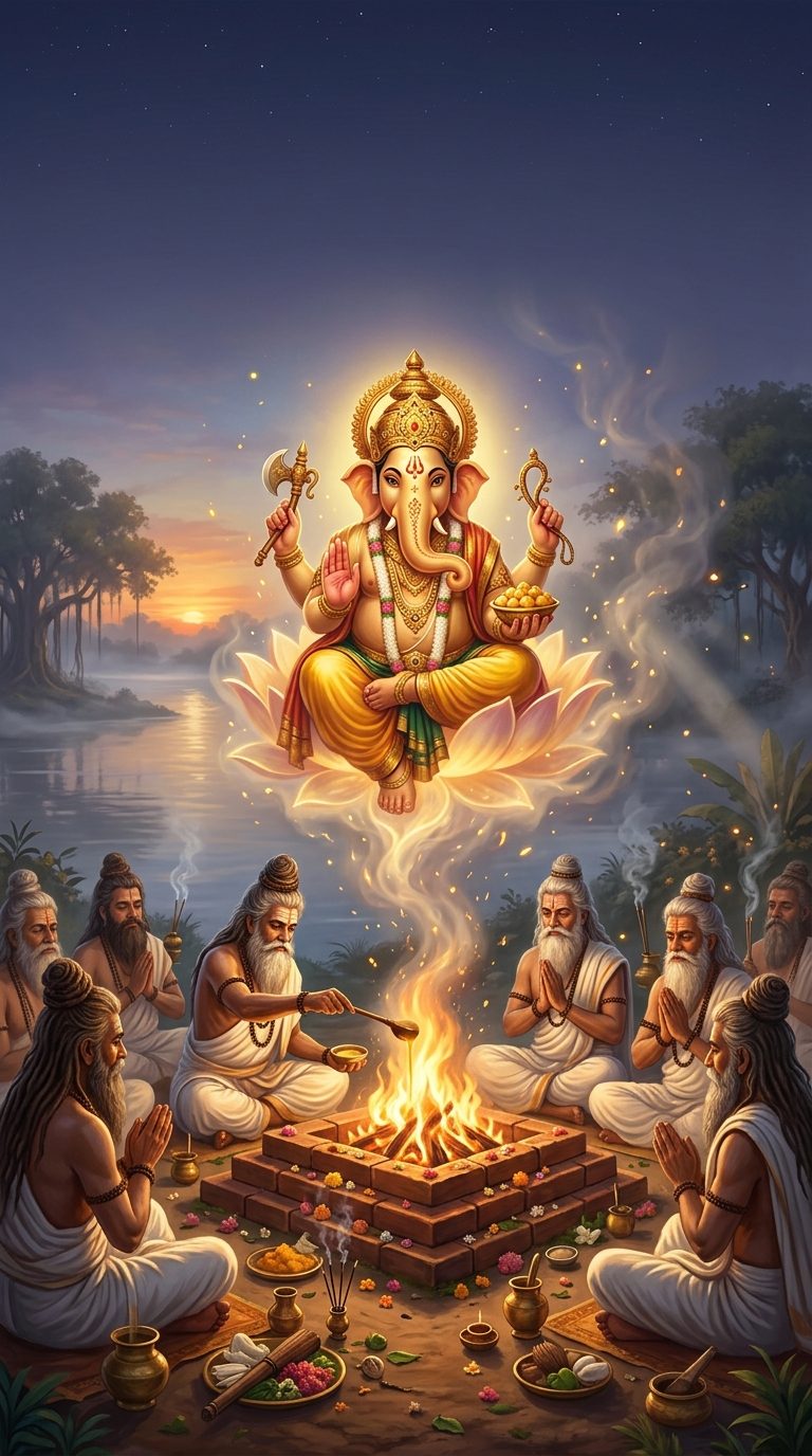 Rishis chanting around a Vedic fire altar at dawn as a golden Ganesha emerges from the flames on a lotus, blessing them