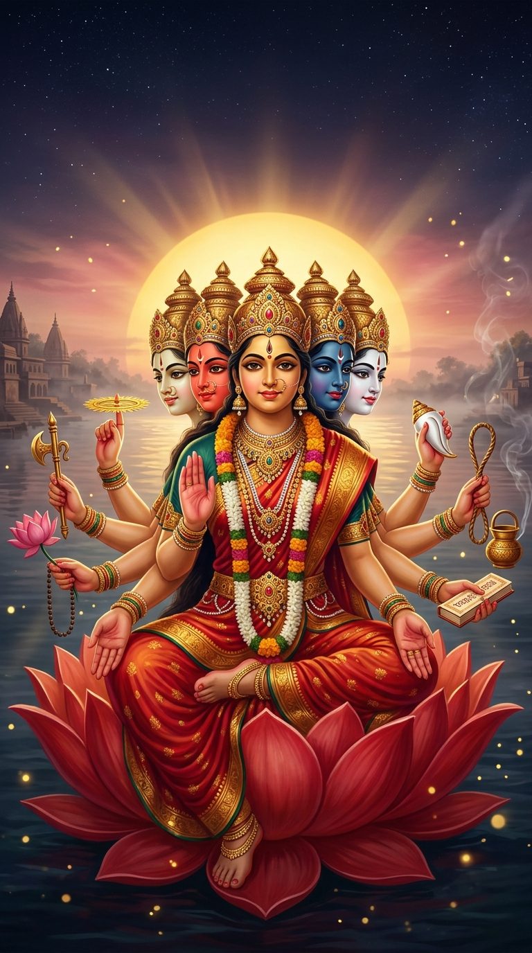 Goddess Gayatri with five faces and ten arms seated on a red lotus as an enormous golden sun rises behind her