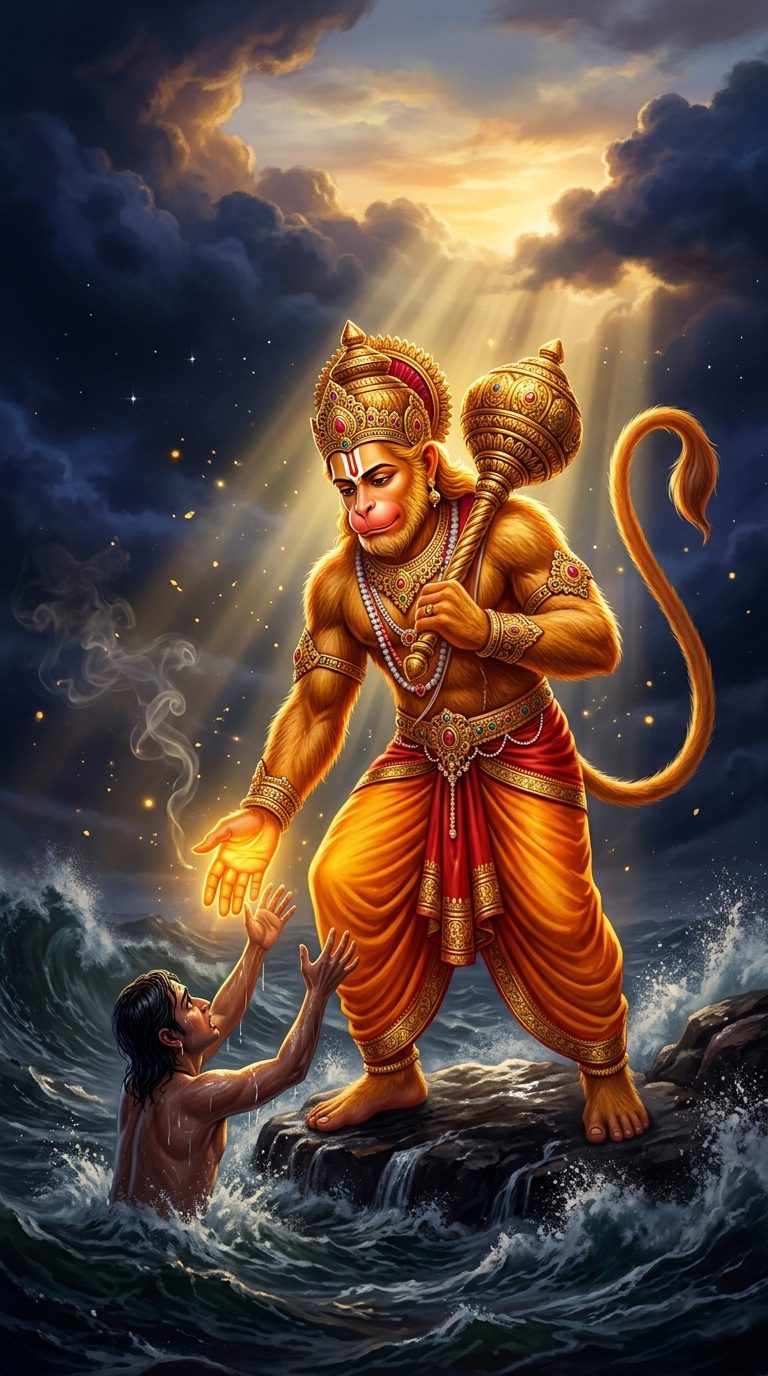 Hanuman standing on a rock reaching down to lift a frightened devotee out of dark storm waters into golden dawn light