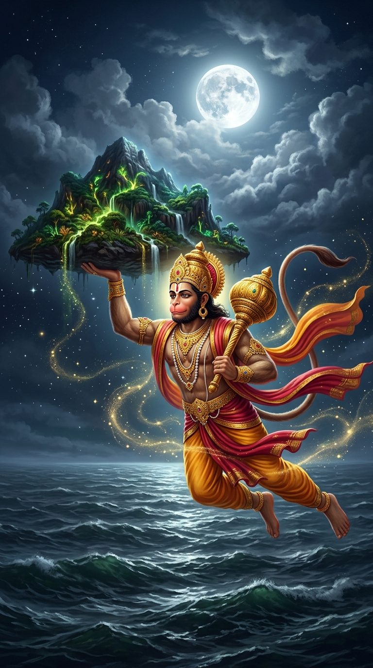 Hanuman flying across a moonlit ocean carrying the glowing Dronagiri mountain of healing herbs on his palm