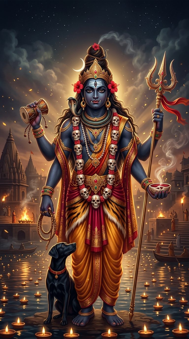 Kala Bhairava, dark-blue and three-eyed with trident and drum, his black dog at his feet, before the lamp-lit ghats of Varanasi at night