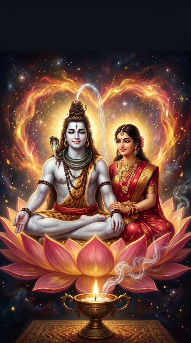 Shiva, pale and luminous as camphor, seated with Parvati inside a glowing lotus within a heart of light, with a camphor aarti lamp burning before them