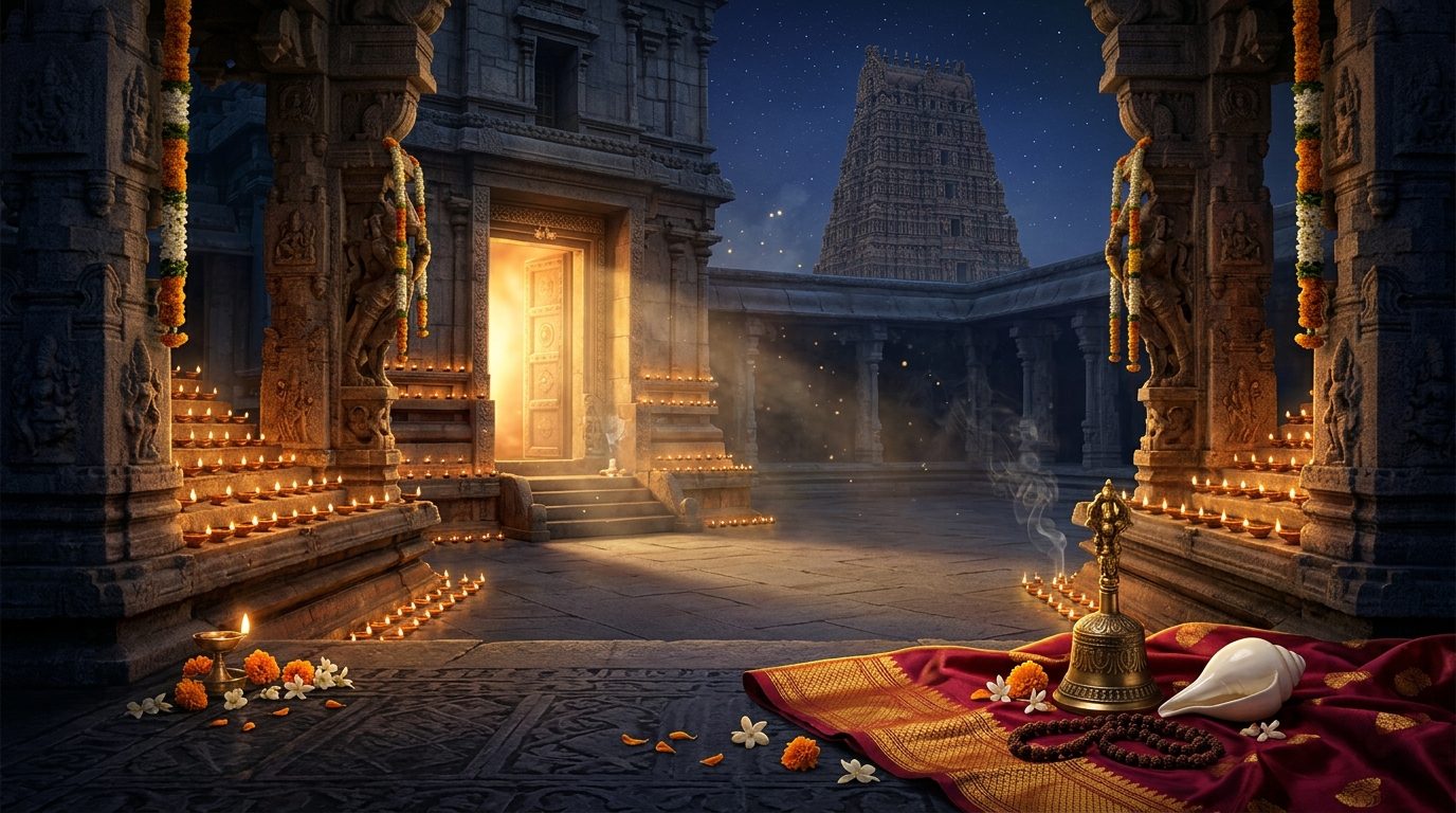 An ancient temple sanctum glowing with hundreds of oil lamps