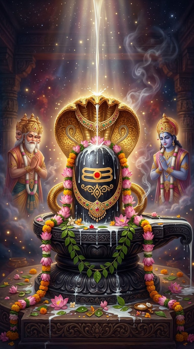 A radiant Shiva Linga adorned with gold, jewels, a cobra, sandalwood paste and lotus garlands, as described in the Lingashtakam