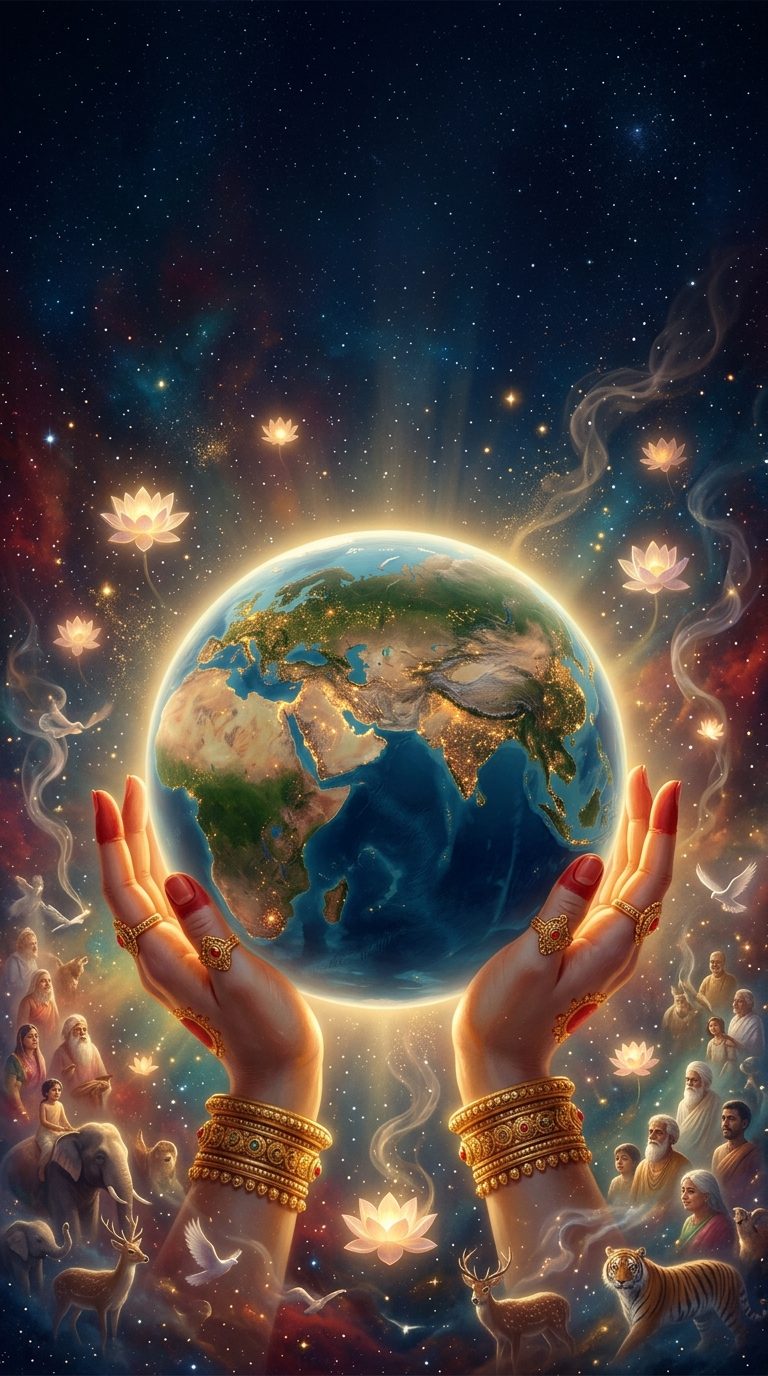The Earth seen from space, glowing with golden light and cradled in a pair of compassionate hands in blessing