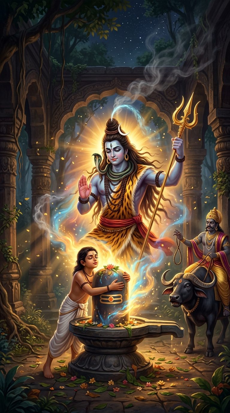 The boy sage Markandeya clinging to a Shiva Linga as Shiva bursts forth with his trident to protect him from Yama, the lord of death, who stands back on his buffalo