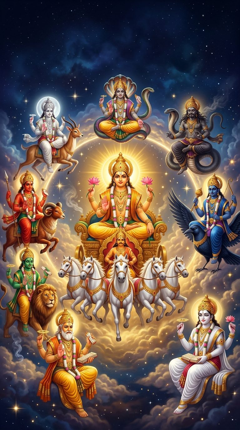 The nine planetary deities in a cosmic circle with Surya the Sun god at the centre on his seven-horse chariot