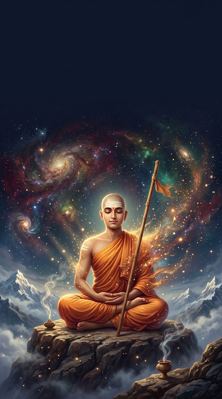 The young sage Adi Shankaracharya in saffron robes meditating on a Himalayan rock, his form dissolving into starlight and the cosmos
