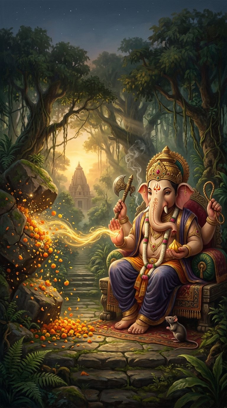 Ganesha seated at the start of an ancient jungle path, raising his hand as boulders blocking the way dissolve into marigold petals and golden light