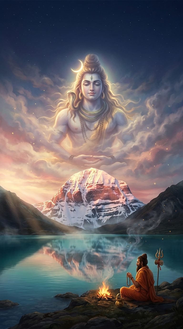 Mount Kailash reflected in a still lake at dawn, with the serene face of Shiva appearing in the clouds above and a sadhu chanting on the shore