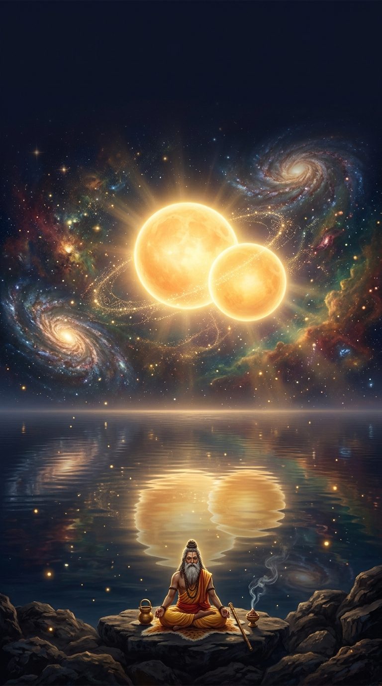 A perfect sphere of golden light in a starry cosmos with an equally complete sphere emerging from it, reflected in a still ocean where a rishi meditates
