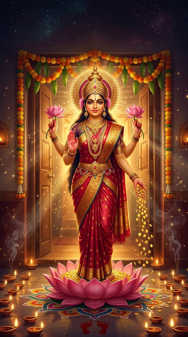 Mahalakshmi standing on a pink lotus in a doorway on Diwali night, showering gold coins, with rows of diyas and rangoli at the threshold