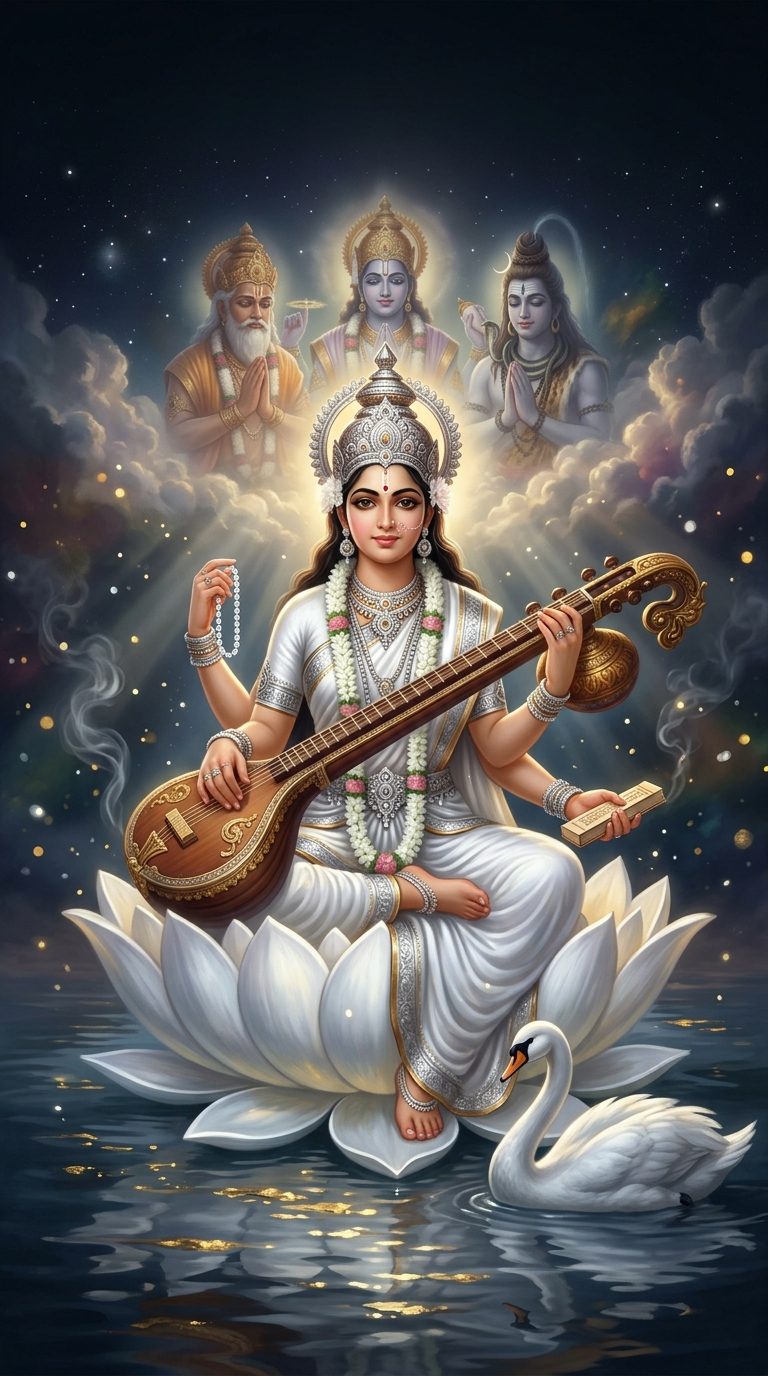 Saraswati in pure white, playing the veena on a white lotus beside a swan, with Brahma, Vishnu and Shiva bowing in the clouds behind her