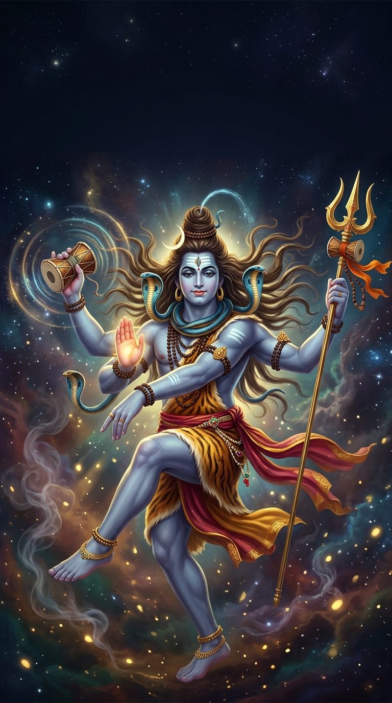 Lord Shiva in dynamic cosmic motion, cobras rising around him in a rhythmic spiral of blue-gold light, the damaru sending rings of rhythm into space