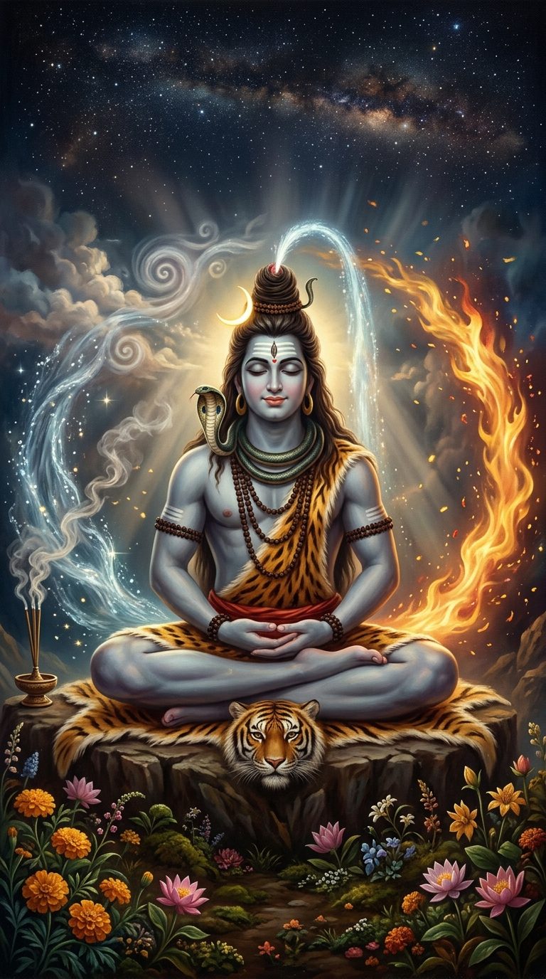 Shiva meditating at the centre of a circle of the five elements — earth and flowers, a swirling stream of water, a ring of fire, wind and clouds, and open starry space