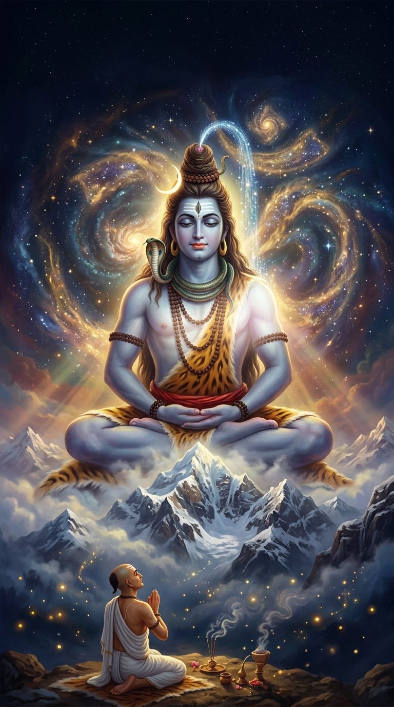 A towering serene Shiva made of soft white light meditating above the peaks of Kailash, with the poet-saint Tulsidas kneeling in prayer below