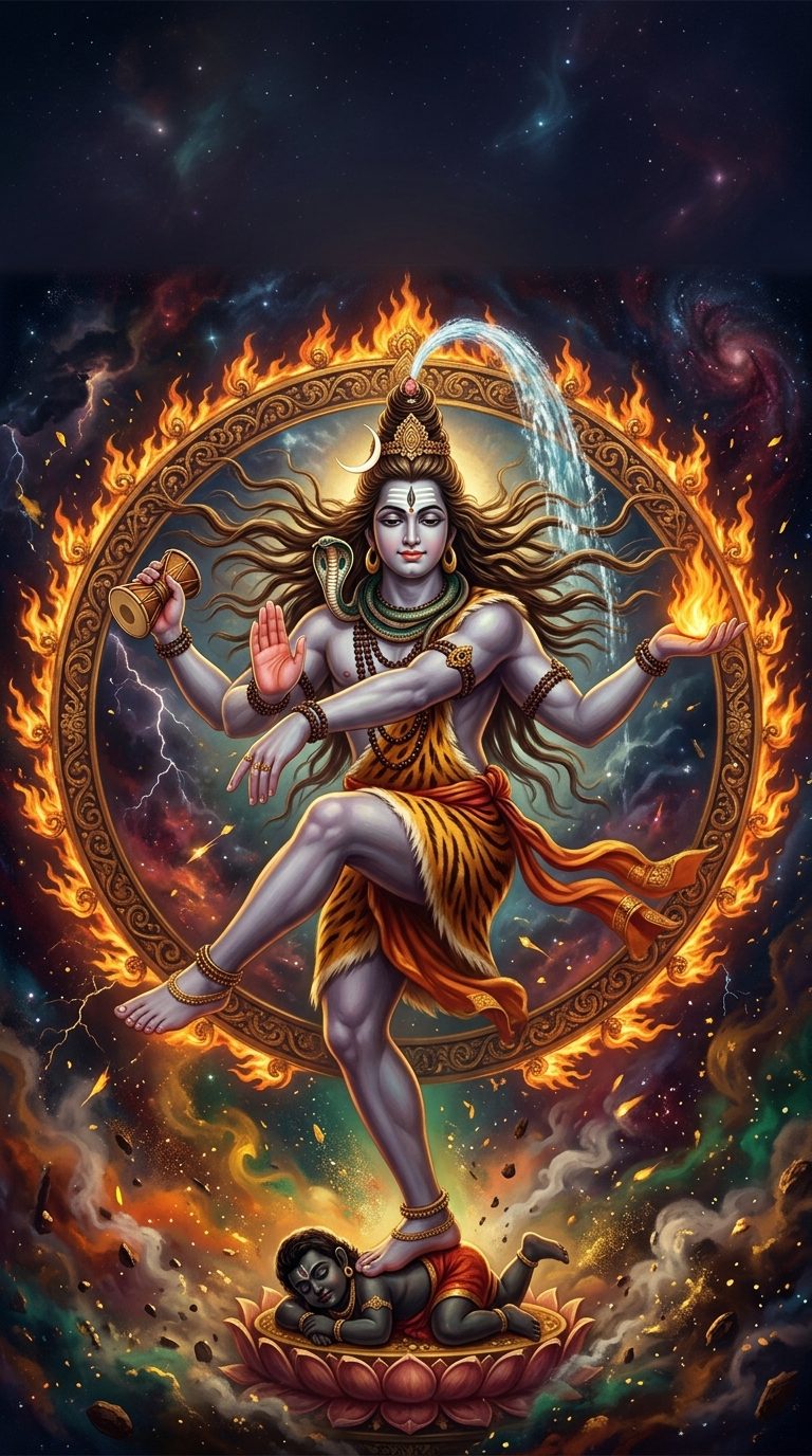 Shiva as Nataraja dancing the cosmic Tandava inside a ring of fire, his matted locks flying, amid a storm of thunder and galaxies