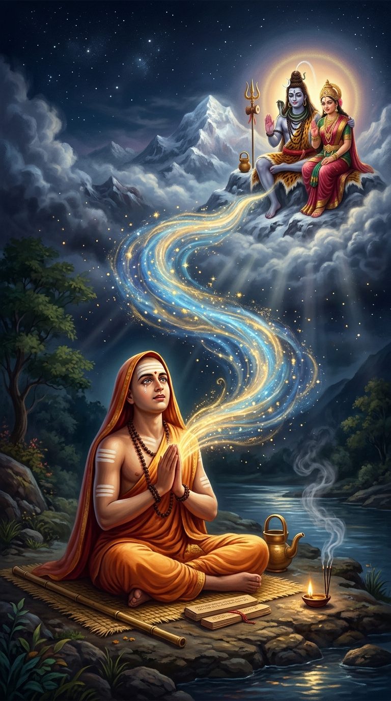 Adi Shankara in prayer as a radiant wave of light flows from Shiva and Parvati on Mount Kailash into his heart