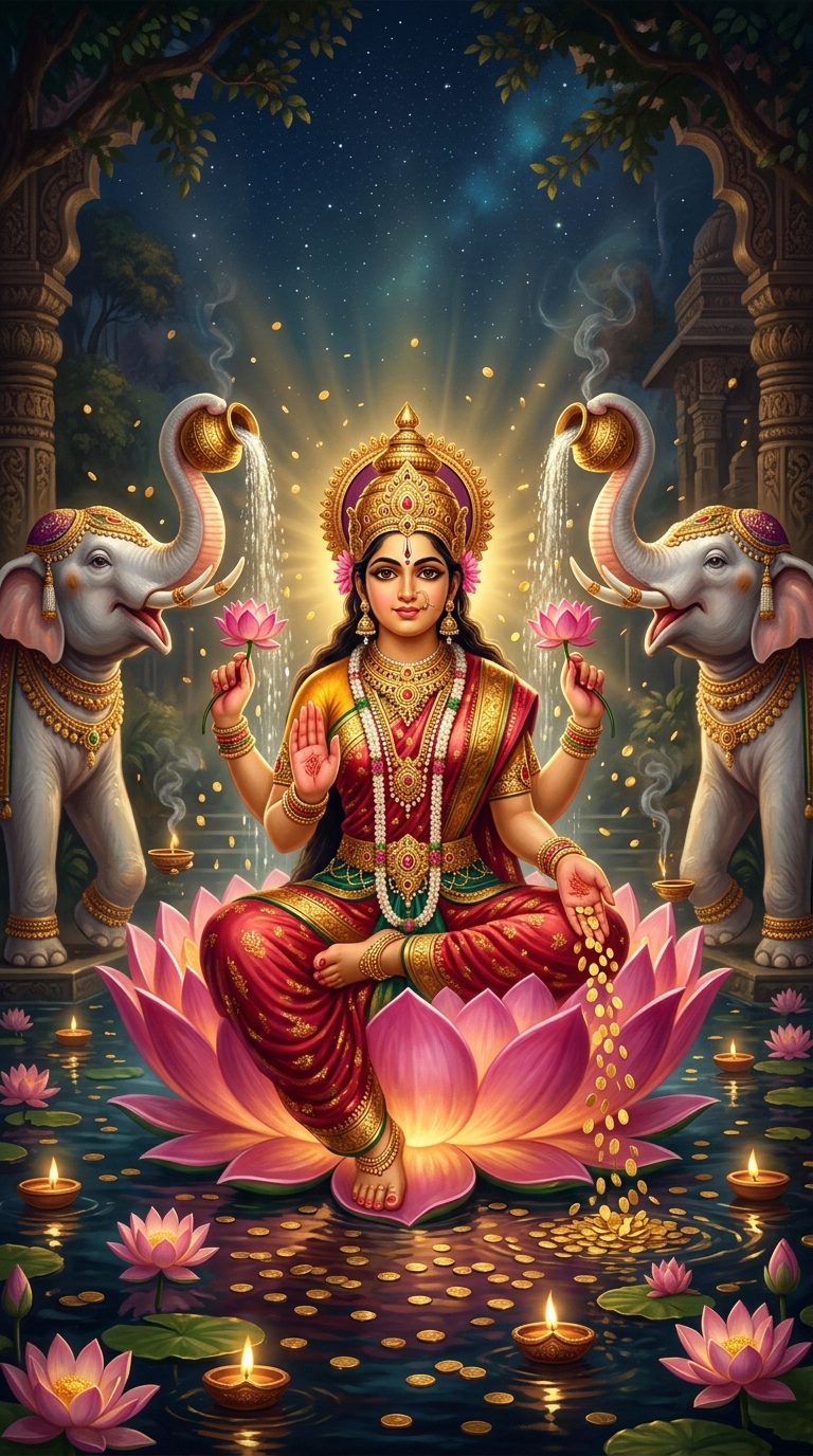 Gaja Lakshmi seated on a pink lotus in a lotus pond as two white elephants pour water over her from golden pots