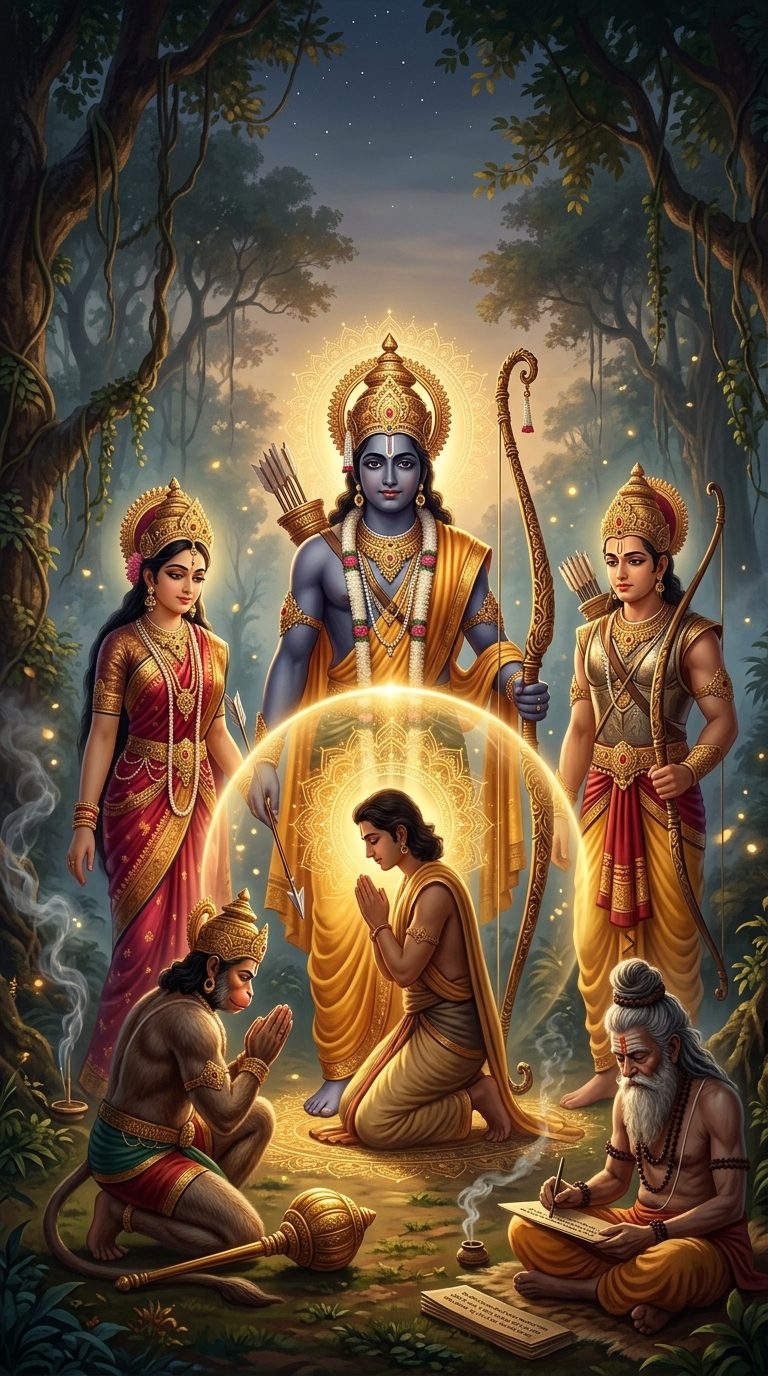 Rama with his bow standing as a protector, a golden shield of light around a kneeling devotee, with Sita, Lakshmana and Hanuman beside him