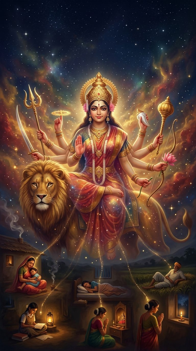 A vast, gentle Divine Mother on a lion spread across the sky like an aurora, her golden light touching scenes of everyday life below